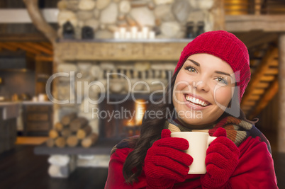 mixed race girl enjoying warm fireplace and holding mug