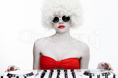 portrait of a cool sexy female dj, on white