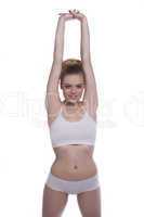 fit woman doing stretching exercises, on white