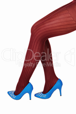 legs in burgundy pantyhose.