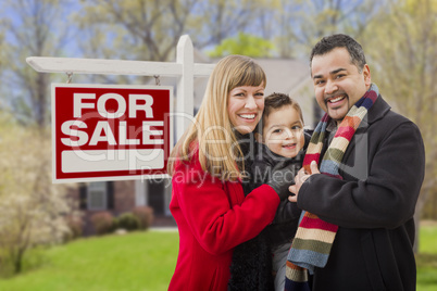 mixed race family, home and for sale real estate sign