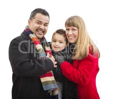 happy young mixed race family isolated on white