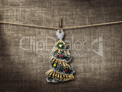 old style photo  and christmas tree hanging on a clothesline