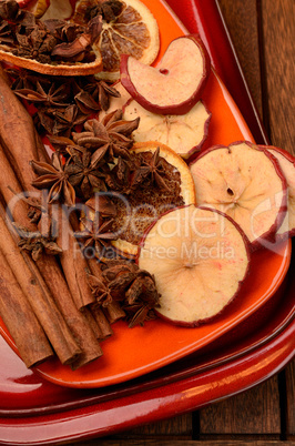 different herbs and dried fruits