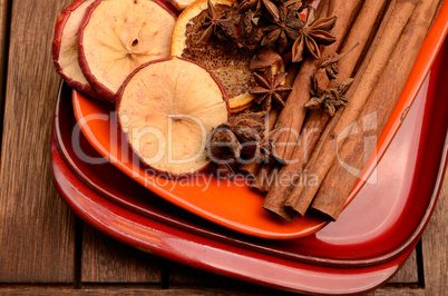 different herbs and dried fruits