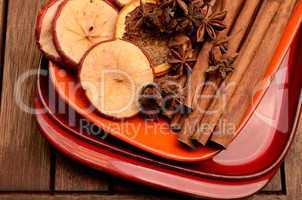 different herbs and dried fruits