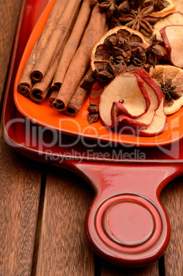 different herbs and dried fruits