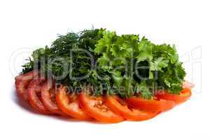 cut pieces of tomatoes and dill and parsley