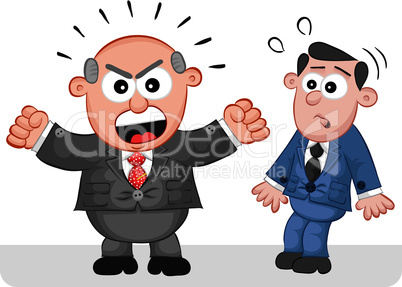 business cartoon - boss man shouting at frightened employee