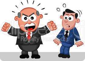 business cartoon - boss man shouting at frightened employee