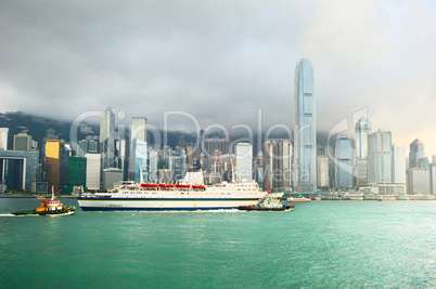 Hong Kong harbor, business center and ferry