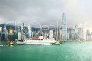 Hong Kong harbor, business center and ferry