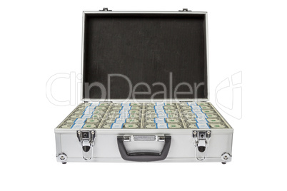 silver suitcase with dollar notes on white