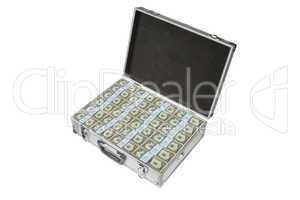 silver suitcase with dollar notes on white