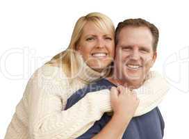 happy attractive couple hugging isolated on white