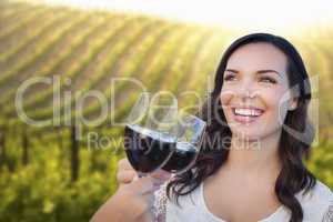 young woman enjoying glass of wine in vineyard with friends