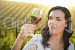 young adult woman enjoying a glass of wine in vineyard