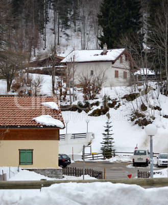 Landscape of snow-covered houses