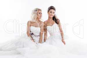 Two smiling young brides isolated on white