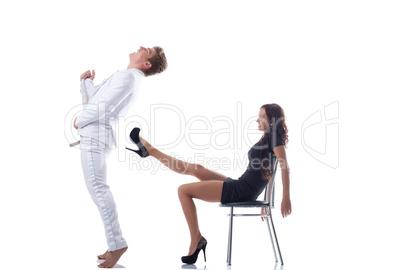 Attractive young couple having fun in studio