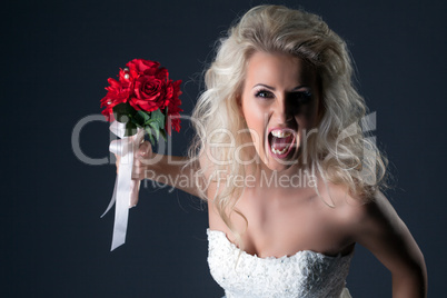 Emotional bride screaming looking at camera