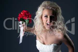 Emotional bride screaming looking at camera