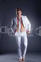 Image of handsome man posing in stylish white suit