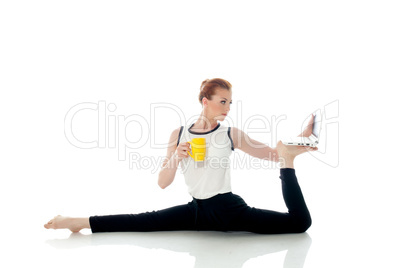 Image of woman posing in unreal pose with laptop