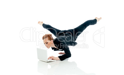 Concept of busyness - entrepreneur posing with PC