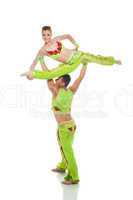 Beautiful pair of gymnasts in colorful costumes