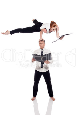 Busy partners posing in unreal pose with folders