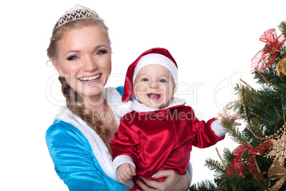 Portrait of happy baby-Santa and mom-Snow Maiden