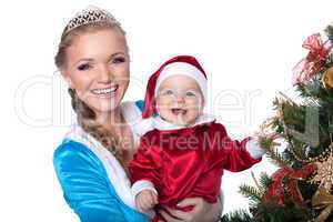 Portrait of happy baby-Santa and mom-Snow Maiden