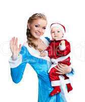 Portrait of happy mom-Snow Maiden and baby-Santa