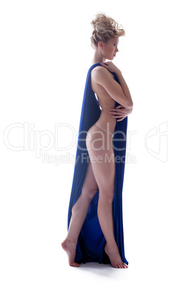 Elegant nude blonde posing with dark blue cloth