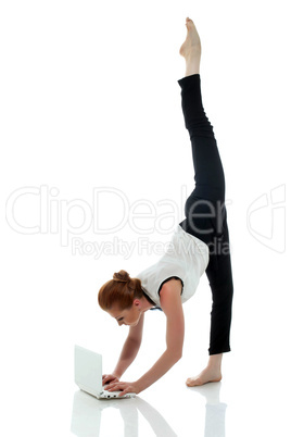 Busy entrepreneur doing yoga, isolated on white