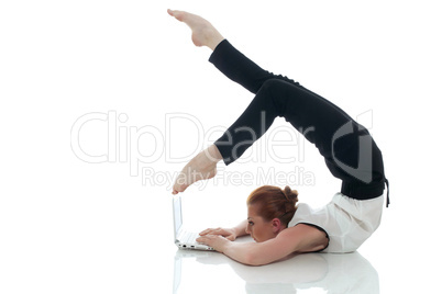 Busy woman posing with notebook in unreal pose