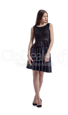 Image of thoughtful brunette posing in smart dress