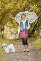 Charming little model posing in park with puppy