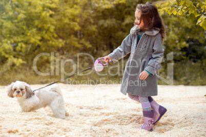 Image of little fashionista walking with dog