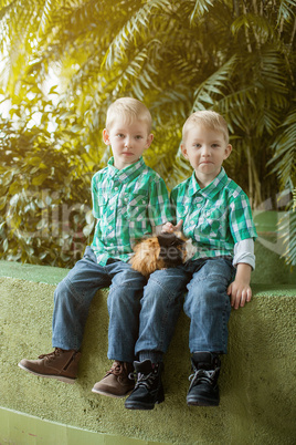 Cute blonde twins posing while sitting in park