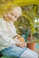 Adorable girl playing with cavy looking at camera