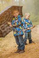 Cute twin brothers walking in autumn park
