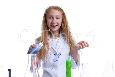 Smiling girl posing with test-tubes in studio