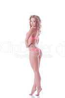 Seductive slim model advertises pink underwear