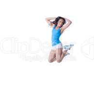 Cheerful cute girl in jump, isolated on white