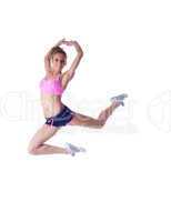 Cheerful young sportswoman posing in jump