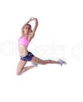 Merry athlete jumps in studio, isolated on white