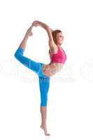 Image of smiling skinny woman doing vertical split