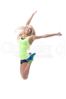 Image of cute young blonde posing in jump